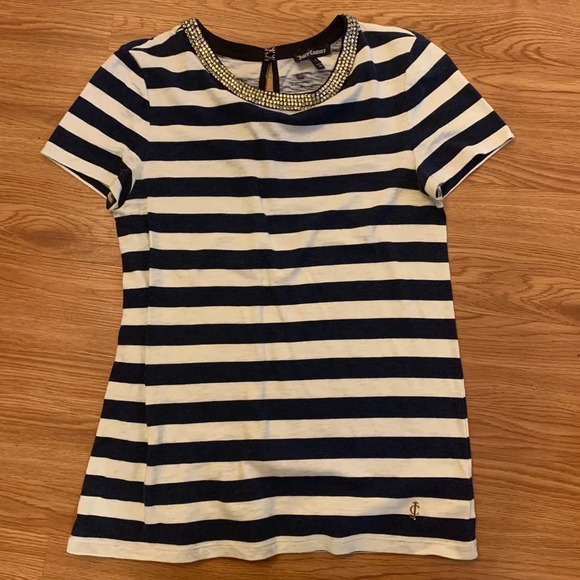 ❌FINAL❌ JUICY COUTURE EUC Striped Crystal Neck Tee - Picture 1 of 5